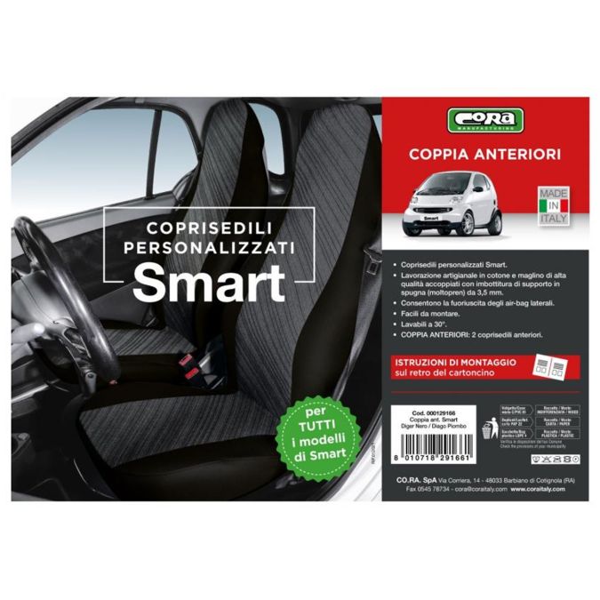 Coprisedili Anteriori Personalizzati Smart Fortwo Tess. Misto Cotone Grigio/Nero Cora 000129166