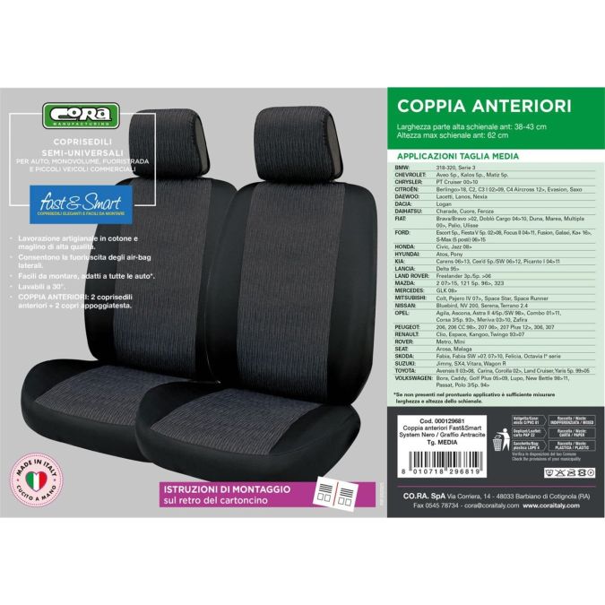 Coprisedili Anteriori Universali Fast& Smart Tg Media Tessuto Misto Cotone Colore Antracite/Nero Coara 129681
