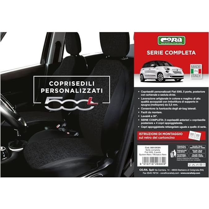 Coprisedili Foderine Anteriori e Posteriori Coordinate Fiat 500L 5P Nero-Mosaico Nero Cora 129384