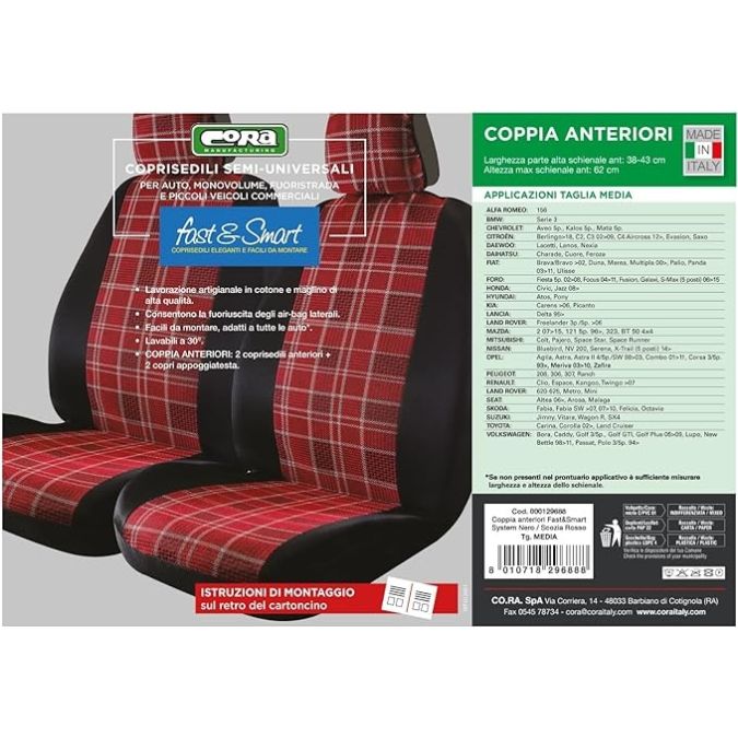 Coprisedili Foderine Anteriori Fast&Smart Taglia Media Nero-Scozia Rosso Cora 129688
